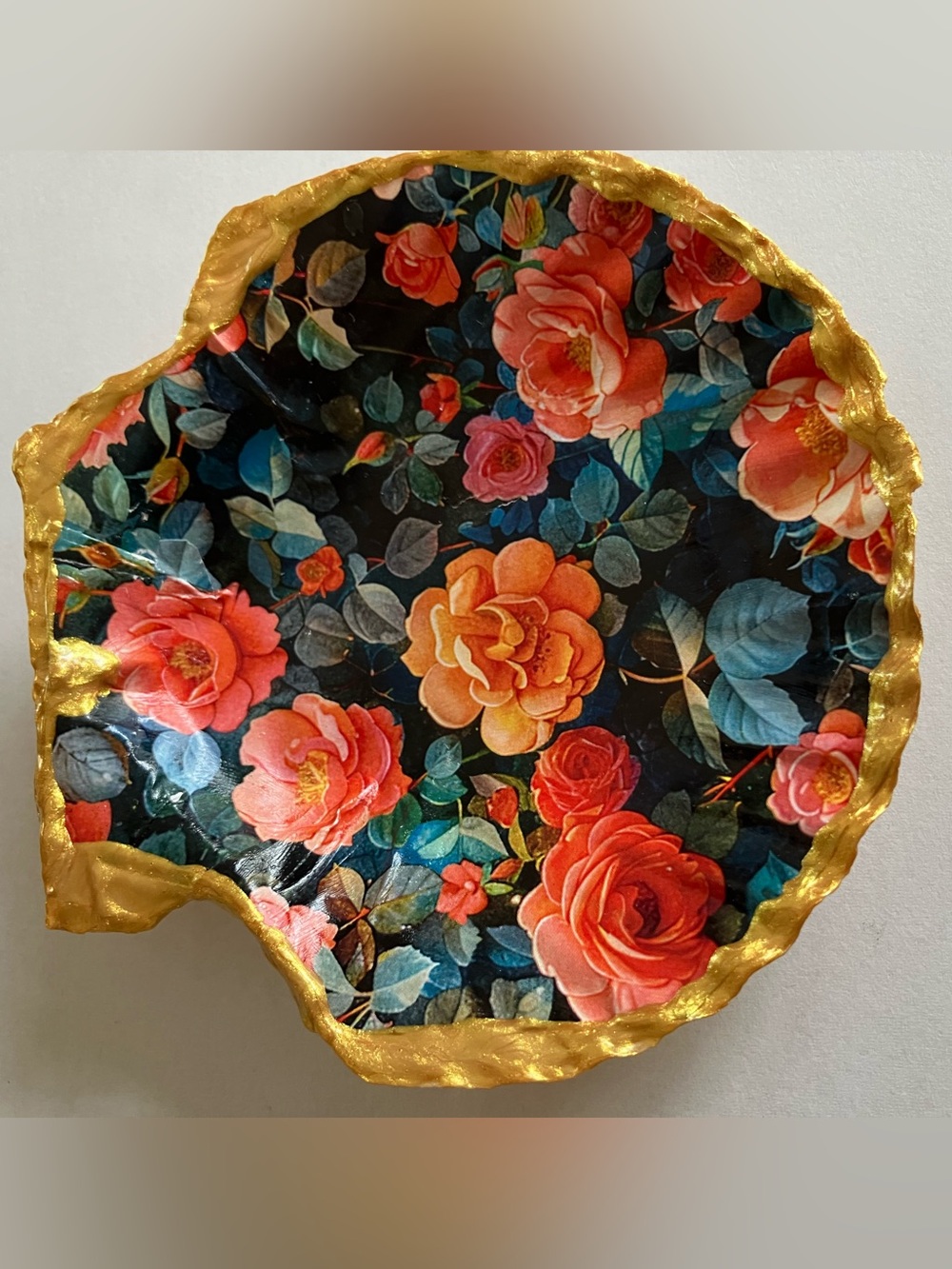 Handcrafted Floral Seashell Dish Decoupage 4-5inch Gold Metallic